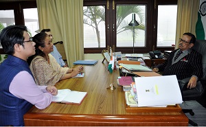 H.E Governor with the Chief Secretary Smt Shakuntala Gamlin and Commissioner Finance, Shri Ashish Kundar in a meeting on the State Financial Status at Raj Bhavan, Itanagar on 8th April 2016. 